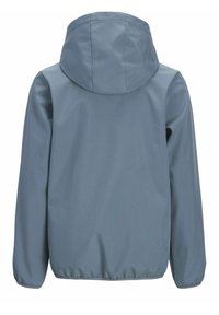 Giacca leggera, liscia e blu con cappuccio. Presenta polsini elasticizzati e un orlo arricciato per una vestibilità aderente. Nessun hardware o motivo visibile.