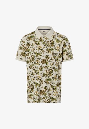 Beżowa koszulka polo z krótkim rękawem, z zielonym i brązowym tropikalnym wzorem kwiatowym oraz jednolitym beżowym kołnierzem i zaszewką na guziki z przodu.