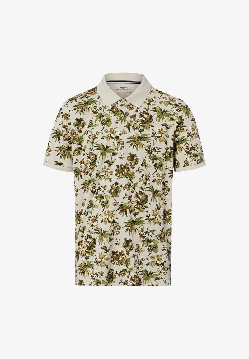 Polo beige a maniche corte con motivo floreale tropicale verde e marrone e colletto beige tinta unita, con pattina anteriore con bottoni.