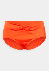 Calções de banho laranja de cintura alta com um design frontal torcido, feitos de um tecido liso e elástico. Apresentam um ajuste justo e bainha arredondada.