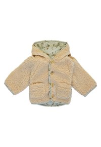 Giacca foderata in pile con esterno beige, cappuccio e superficie testurizzata e soffice. Presenta una fodera interna decorata e chiusure a bottoni.