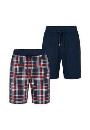 Twee paar herenshorts, één effen donkerblauw en één met een rood, blauw en wit geruit patroon, allebei met een elastische tailleband en trekkoorden.