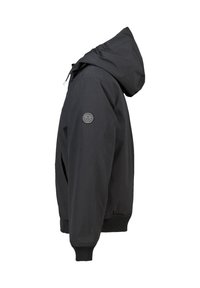 Black hooded jacket with a smooth texture, elastic cuffs, and a round logo patch on the left sleeve. Simple design, no visible patterns.