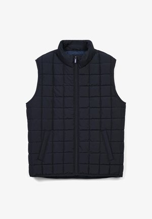 Gilet matelassé bleu marine avec un col haut, une texture matelassée, une fermeture éclair à l'avant et deux poches latérales. Design léger et isolé.