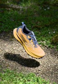 Oranje en grijze hardloopschoenen met een bovenwerk van mesh, een gevoerde zool en een getextureerde rubberen buitenzool. Blauwe accenten en een opvallend logodetail.