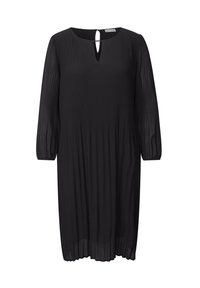 Schwarzes, plissiertes Kleid mit langen Ärmeln, Rundhalsausschnitt und einem Schlüssellochdetail auf der Rückseite. Leichter, fließender Stoff mit lässiger Passform.