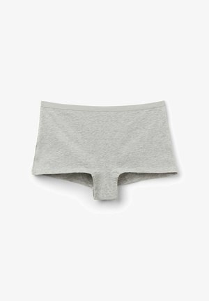 Grijze katoenen boyshorts met een gladde tailleband, platte naden en een katoenen kruis. De stof heeft een zachte, licht gestructureerde uitstraling.
