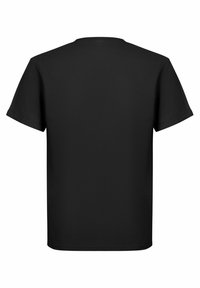 Černé bavlněné tričko s krátkým rukávem, kulatým výstřihem a rovný střih. Jednoduchý design bez vzorů nebo ozdob.