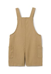 Beige katoenen overall short met verstelbare banden, twee zijzakken en een relaxte pasvorm. Soepele textuur met een eenvoudig ontwerp.