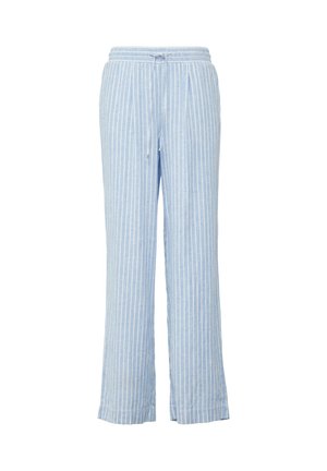 Helle blaue, gestreifte Pyjamahosen aus weichem Material. Mit elastischem Bund und Kordelzug, weiter Bein-Design und horizontalen Streifen.