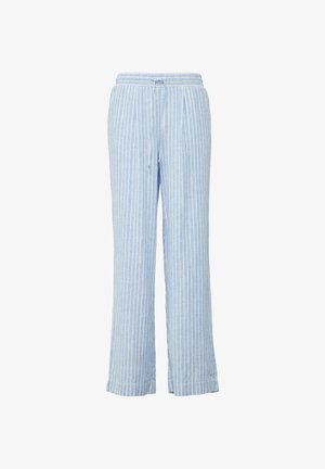 Helle blaue, gestreifte Pyjamahosen aus weichem Material. Mit elastischem Bund und Kordelzug, weiter Bein-Design und horizontalen Streifen.