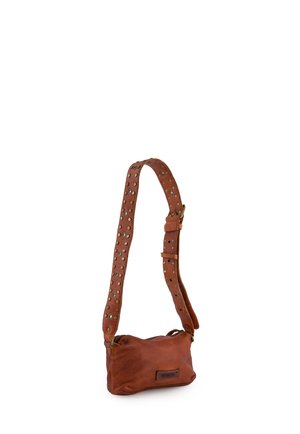 Brown leather shoulder bag with adjustable studded strap and zip closure, labeled "Venezia" on the front.