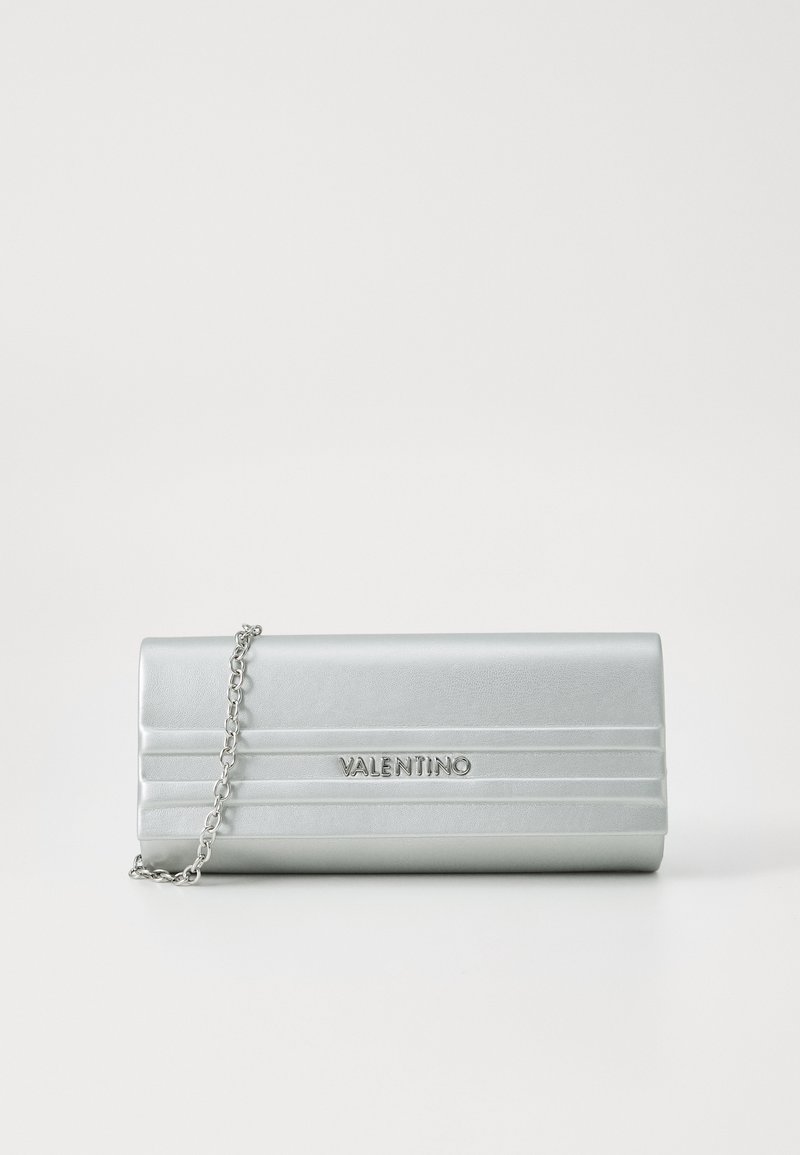 Silver metallic clutch purse with chain strap, featuring embossed horizontal lines and the brand name "VALENTINO" prominently displayed.