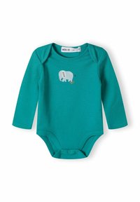 Mėlynas ilgarankovės bodysuitas, pagamintas iš minkštos medvilnės, su mėlynos dramblio grafika priekyje ir užsegimais apačioje.