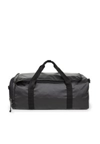 Musta duffel-laukku, joka on valmistettu kestävästä materiaalista. Suorakulmainen muoto, jossa on kaksi yläpitoa ja ylävetoketju. Sujuva pinta, ilman näkyviä kuvioita.