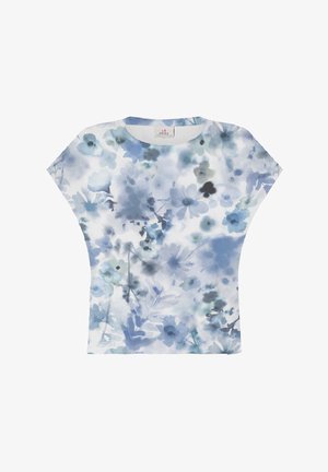 Blomstermønsteret top i nuancer af lys blå og hvid, lavet af blødt stof, med en afslappet pasform og brede korte ærmer.
