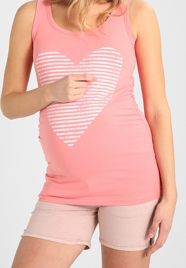 Coral tank top with white striped heart graphic, paired with light pink shorts, featuring fitted design and soft, stretchy fabric.