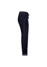 Navy corduroy pants with a slim fit, elastic waistband, and a drawstring. Features rolled cuffs and side pockets. Soft texture.