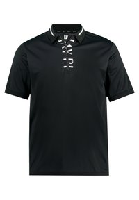 Černé polo tričko s krátkým rukávem s kontrastním bílým zipem a akcenty na límci. Hladká, lehká tkanina s jemným leskem.