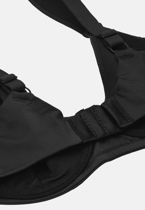 Schwarzer Bügel-BH mit verstellbaren Schultergurten und Haken-Ösen-Verschluss auf der Rückseite vor grauem Hintergrund.