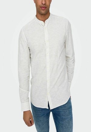Striped long-sleeve shirt in light beige and gray, with a mandarin collar and button front. Fabric appears textured; also features a contrasting cuff.