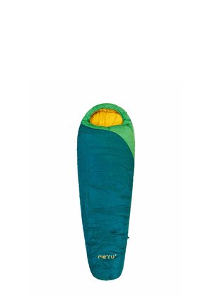 Grüner und blauer Schlafsack mit Kapuze, gelbem Innenfutter, konischem Design und prominentem gelbem Markenlogo auf der Außenseite.