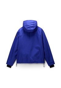 Blue lightweight jacket with a hood, featuring a black cuff accent. Smooth texture, cropped design, and a logo patch on the left shoulder.