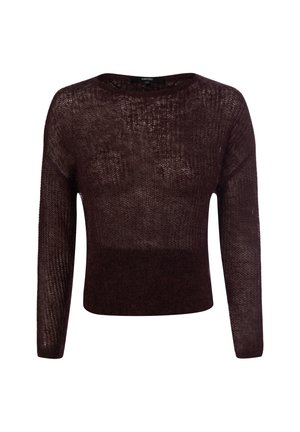 Dunkelbrauner, langärmeliger, halbtransparenter Strickpullover mit rundem Ausschnitt und leicht cropped Passform.
