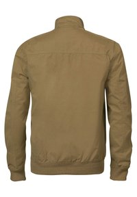 Khaki bomber jacket made of smooth fabric, featuring a high collar, elastic cuffs, and hem. The back is plain with no visible prints or embellishments.