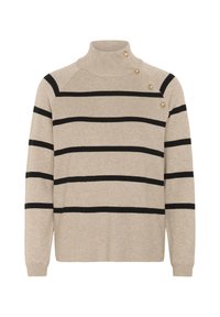 Beige Pullover mit schwarzen horizontalen Streifen, hohem Kragen und seitlichen Knöpfen. Stricktextur, lange Ärmel und gerippte Bündchen.