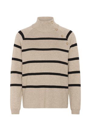 Pull beige avec des rayures horizontales noires, col montant et boutons sur les côtés. Texture tricotée, manches longues et poignets côtelés.