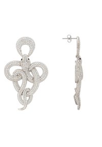 Silver snake-shaped earrings with intricate patterns and sparkling accents, featuring a post back and a detailed design of overlapping snakes.
