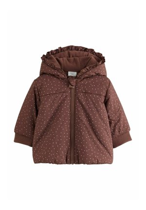 Veste bébé marron avec pois rose pâle, fermeture éclair devant, manches longues, capuche et poignets élastiques.