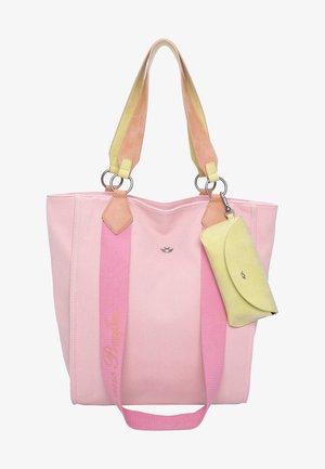 Borsa tote in tela di colore rosa chiaro con manici in pelle gialla e pesca. Presenta un portafoglio giallo rimovibile e un dettaglio con logo sulla parte anteriore.