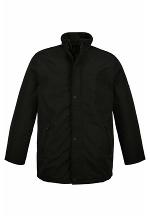 Schwarze Jacke mit hohem Kragen, Frontreißverschluss und zwei seitlichen Reißverschlusstaschen. Hergestellt aus einem glatten, strukturierten Stoff.