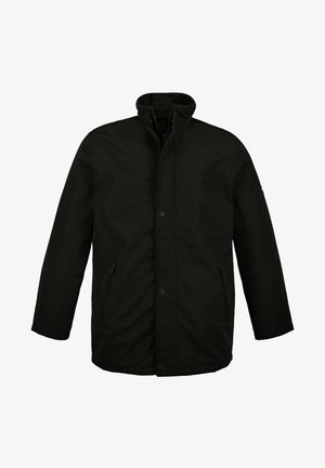 Sort jakke med høj krave, frontlynlås og to lynlåslommer på siderne. Lavet af et glat, struktureret stof.