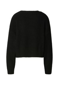 Schwarzer, kurzer Pullover mit gerippter Struktur, weiten Ärmeln und Rundhalsausschnitt. Glatter Stoff mit legerem Schnitt und ohne sichtbare Verzierungen.