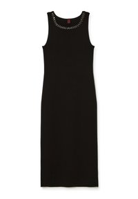 Abito nero senza maniche con una silhouette aderente, caratterizzato da un collo arrotondato decorato con embellishments metallici. Tessuto dalla finitura liscia.