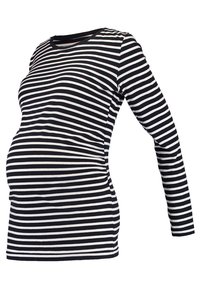 Svart och vit horisontellt randig långärmad graviditetstopp med rynkade sidor och rund halsringning.