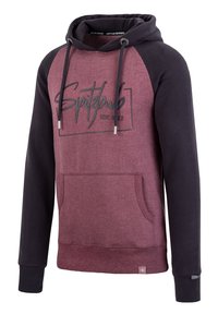 Maroon- und schwarze Kapuzenjacke mit einer Fronttasche, Kordeln und dem grafischen Text "Spitzbub EST. 2017" auf der Brust. Weiches Material.