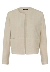 Beige cropped jack gemaakt van gestructureerde stof met een ronde hals, voorste ritsafsluiting en twee opgestikte zakken aan de voorkant.