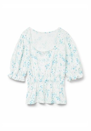 Blusa bianca a maniche corte con stampa floreale azzurro chiaro, vita arricciata e bordi delle maniche a volant. Realizzata in un tessuto leggero e testurizzato.
