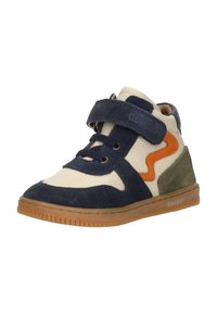 Blauwe en crèmekleurige suède hoge sneaker met klittenbandsluiting, oranje zigzagaccent, gestructureerde bovenkant en rubberen zool met een flexibele ontwerp.
