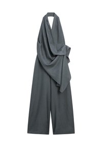 Combinaison sans manches gris foncé à jambes larges avec détail en tissu drapé sur le devant et col halter.