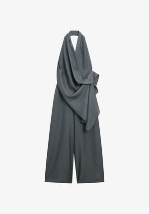 Dunkelgrauer ärmelloser Overall mit weitem Bein und drapiertem Stoffdetail vorne und Neckholder-Ausschnitt.