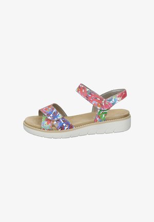 Colorful sandals with patterned straps, adjustable at the ankle, soft footbed, and thick white sole with grooves for traction.