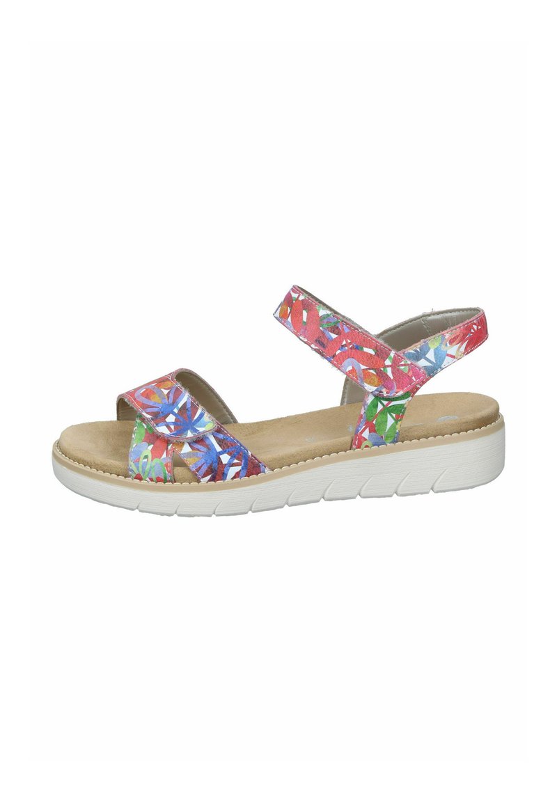 Colorful sandals with patterned straps, adjustable at the ankle, soft footbed, and thick white sole with grooves for traction.
