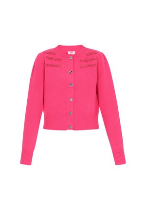 Fuchsia strikket cardigan med lange ærmer, rund halsudskæring og knaplukning, der har hjerteformede knapper og dekorerende nitter.