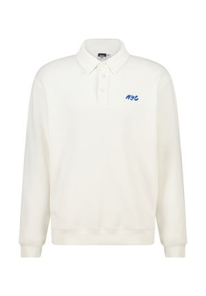 White long-sleeve polo shirt with a collar, featuring three buttons and a blue "NYC" logo on the left chest. Soft texture, casual design.