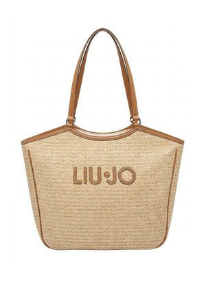 Bolso tote beige tejido con ribetes y asas de cuero marrón, con el nombre de la marca "LIU JO" grabado en relieve en el centro delantero.